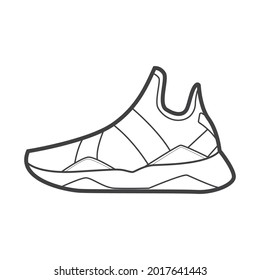 Shoes sneaker outline drawing vector, Sneakers drawn in a sketch style, black line sneaker trainers template outline, vector Illustration.