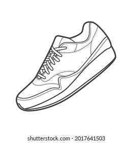 Shoes sneaker outline drawing vector, Sneakers drawn in a sketch style, black line sneaker trainers template outline, vector Illustration.