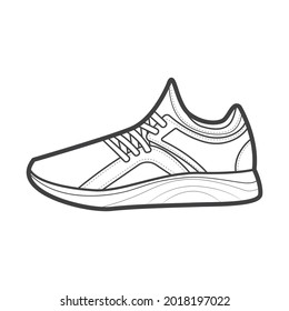 Shoes sneaker outline drawing vector, Sneakers drawn in a sketch style, black line sneaker trainers template outline, vector Illustration.