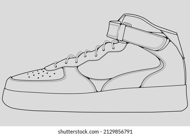 Shoes sneaker outline drawing vector, Sneakers drawn in a sketch style, black line sneaker trainers template outline, vector Illustration.
