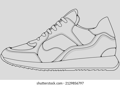 Shoes sneaker outline drawing vector, Sneakers drawn in a sketch style, black line sneaker trainers template outline, vector Illustration.
