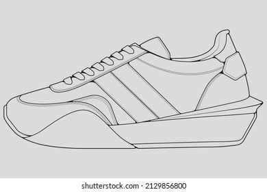 Shoes sneaker outline drawing vector, Sneakers drawn in a sketch style, black line sneaker trainers template outline, vector Illustration.
