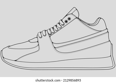 Vector de dibujo de contorno de zapata, Sneakers dibujado en un estilo de esbozo, contorno de plantilla de entrenadores de franja negra, ilustración vectorial.
