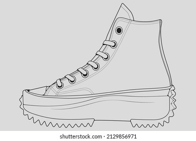 Schuhe Sneaker Umrisslinie Vektorgrafik, Turnschuhe im Skizzenstil, schwarze Linie Sneaker Trainer Template Umriss, Vektorgrafik.
