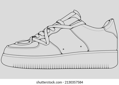 Shoes sneaker outline drawing vector, Sneakers drawn in a sketch style, black line sneaker trainers template outline, vector Illustration.
