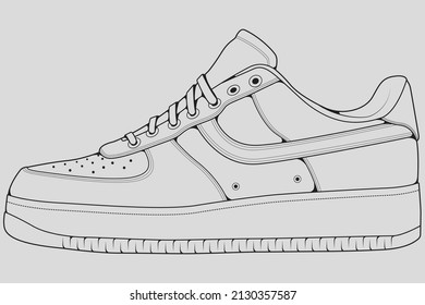 Shoes sneaker outline drawing vector, Sneakers drawn in a sketch style, black line sneaker trainers template outline, vector Illustration.
