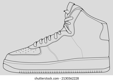 Shoes sneaker outline drawing vector, Sneakers drawn in a sketch style, black line sneaker trainers template outline, vector Illustration.
