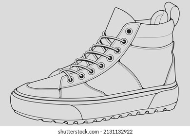Shoes sneaker outline drawing vector, Sneakers drawn in a sketch style, black line sneaker trainers template outline, vector Illustration.
