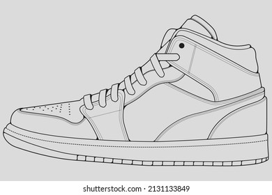 Shoes sneaker outline drawing vector, Sneakers drawn in a sketch style, black line sneaker trainers template outline, vector Illustration.
