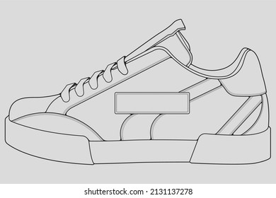 Vector de dibujo de contorno de zapata, Sneakers dibujado en un estilo de esbozo, contorno de plantilla de entrenadores de franja negra, ilustración vectorial.
