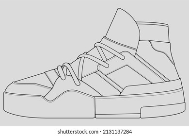 Vector de dibujo de contorno de zapata, Sneakers dibujado en un estilo de esbozo, contorno de plantilla de entrenadores de franja negra, ilustración vectorial.
