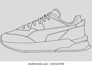 Shoes sneaker outline drawing vector, Sneakers drawn in a sketch style, black line sneaker trainers template outline, vector Illustration.
