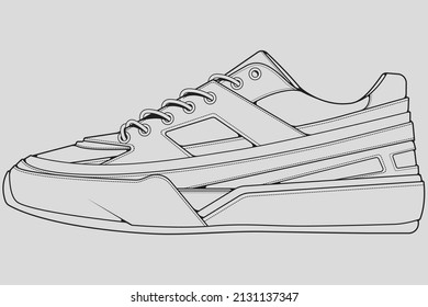 Shoes sneaker outline drawing vector, Sneakers drawn in a sketch style, black line sneaker trainers template outline, vector Illustration.
