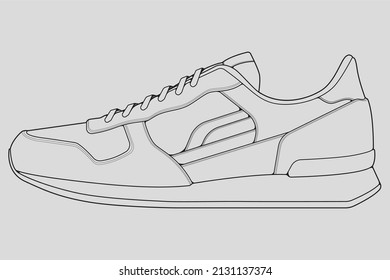 Shoes sneaker outline drawing vector, Sneakers drawn in a sketch style, black line sneaker trainers template outline, vector Illustration.
