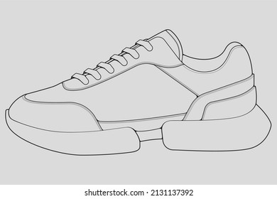 Shoes sneaker outline drawing vector, Sneakers drawn in a sketch style, black line sneaker trainers template outline, vector Illustration.
