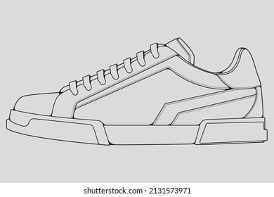Shoes sneaker outline drawing vector, Sneakers drawn in a sketch style, black line sneaker trainers template outline, vector Illustration.
