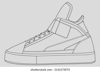 Shoes sneaker outline drawing vector, Sneakers drawn in a sketch style, black line sneaker trainers template outline, vector Illustration.
