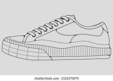 Shoes sneaker outline drawing vector, Sneakers drawn in a sketch style, black line sneaker trainers template outline, vector Illustration.
