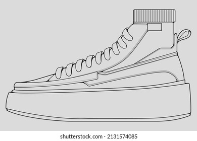 Shoes sneaker outline drawing vector, Sneakers drawn in a sketch style, black line sneaker trainers template outline, vector Illustration.
