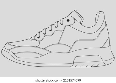 Shoes sneaker outline drawing vector, Sneakers drawn in a sketch style, black line sneaker trainers template outline, vector Illustration.
