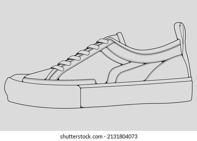 Shoes sneaker outline drawing vector, Sneakers drawn in a sketch style, black line sneaker trainers template outline, vector Illustration.
