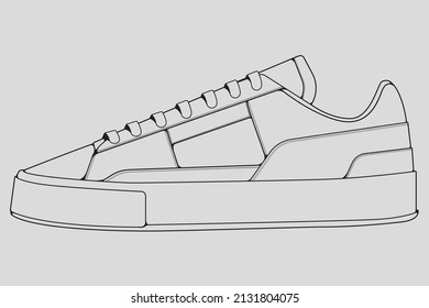 Vector de dibujo de contorno de zapata, Sneakers dibujado en un estilo de esbozo, contorno de plantilla de entrenadores de franja negra, ilustración vectorial.
