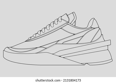Shoes sneaker outline drawing vector, Sneakers drawn in a sketch style, black line sneaker trainers template outline, vector Illustration.
