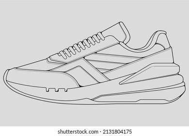 Shoes sneaker outline drawing vector, Sneakers drawn in a sketch style, black line sneaker trainers template outline, vector Illustration.
