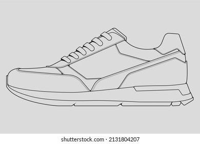 Shoes sneaker outline drawing vector, Sneakers drawn in a sketch style, black line sneaker trainers template outline, vector Illustration.
