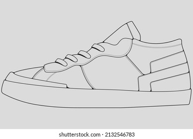 Vector de dibujo de contorno de zapata, Sneakers dibujado en un estilo de esbozo, contorno de plantilla de entrenadores de franja negra, ilustración vectorial.
