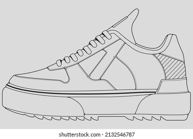 Schuhe Sneaker Umrisslinie Vektorgrafik, Turnschuhe im Skizzenstil, schwarze Linie Sneaker Trainer Template Umriss, Vektorgrafik.
