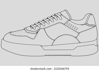 Shoes sneaker outline drawing vector, Sneakers drawn in a sketch style, black line sneaker trainers template outline, vector Illustration.
