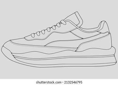 Shoes sneaker outline drawing vector, Sneakers drawn in a sketch style, black line sneaker trainers template outline, vector Illustration.
