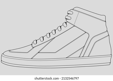 Shoes sneaker outline drawing vector, Sneakers drawn in a sketch style, black line sneaker trainers template outline, vector Illustration.
