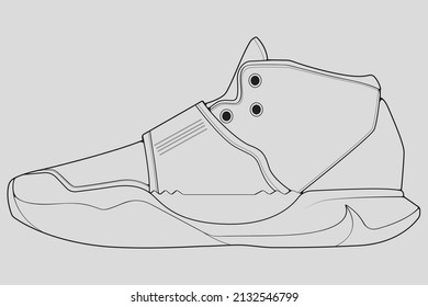 Vector de dibujo de contorno de zapata, Sneakers dibujado en un estilo de esbozo, contorno de plantilla de entrenadores de franja negra, ilustración vectorial.
