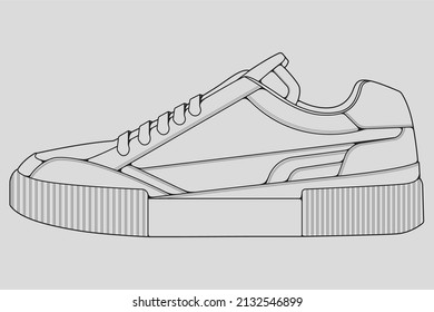 Shoes sneaker outline drawing vector, Sneakers drawn in a sketch style, black line sneaker trainers template outline, vector Illustration.
