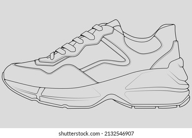 Shoes sneaker outline drawing vector, Sneakers drawn in a sketch style, black line sneaker trainers template outline, vector Illustration.
