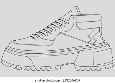 Vector de dibujo de contorno de zapata, Sneakers dibujado en un estilo de esbozo, contorno de plantilla de entrenadores de franja negra, ilustración vectorial.
