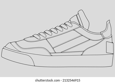 Shoes sneaker outline drawing vector, Sneakers drawn in a sketch style, black line sneaker trainers template outline, vector Illustration.
