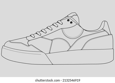 Shoes sneaker outline drawing vector, Sneakers drawn in a sketch style, black line sneaker trainers template outline, vector Illustration.
