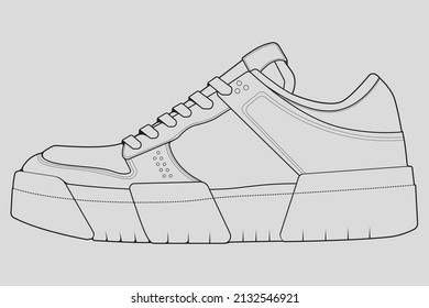 Vector de dibujo de contorno de zapata, Sneakers dibujado en un estilo de esbozo, contorno de plantilla de entrenadores de franja negra, ilustración vectorial.
