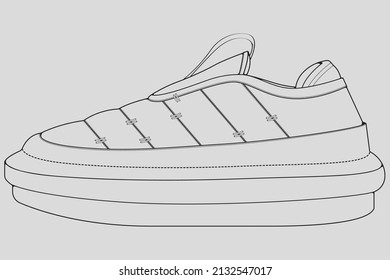 Shoes sneaker outline drawing vector, Sneakers drawn in a sketch style, black line sneaker trainers template outline, vector Illustration.
