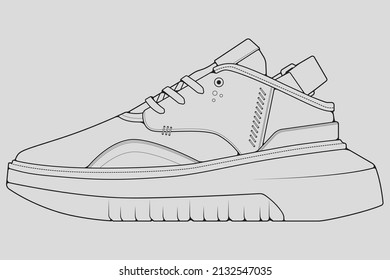 Shoes sneaker outline drawing vector, Sneakers drawn in a sketch style, black line sneaker trainers template outline, vector Illustration.
