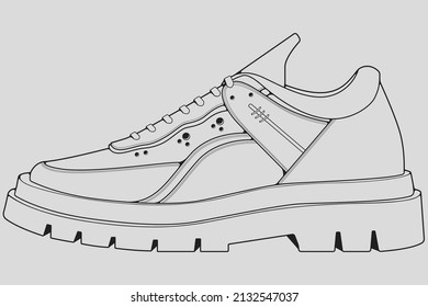 Shoes sneaker outline drawing vector, Sneakers drawn in a sketch style, black line sneaker trainers template outline, vector Illustration.

