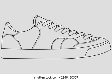 Shoes sneaker outline drawing vector, Sneakers drawn in a sketch style, black line sneaker trainers template outline, vector Illustration.
