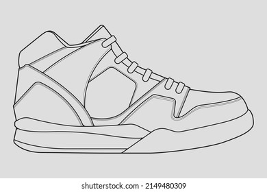 Shoes sneaker outline drawing vector, Sneakers drawn in a sketch style, black line sneaker trainers template outline, vector Illustration.
