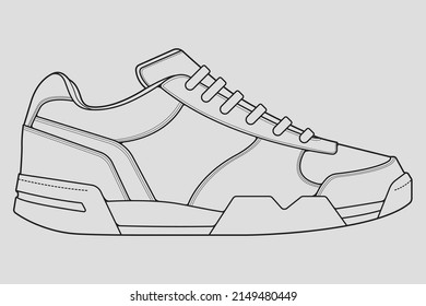 Shoes sneaker outline drawing vector, Sneakers drawn in a sketch style, black line sneaker trainers template outline, vector Illustration.
