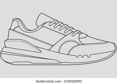 Shoes sneaker outline drawing vector, Sneakers drawn in a sketch style, black line sneaker trainers template outline, vector Illustration.
