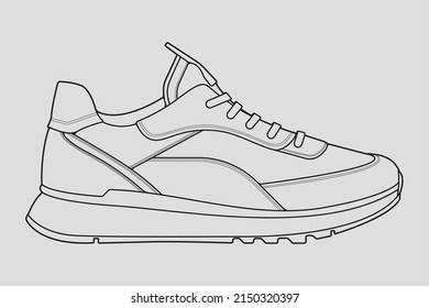 Shoes sneaker outline drawing vector, Sneakers drawn in a sketch style, black line sneaker trainers template outline, vector Illustration.
