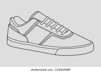 Shoes sneaker outline drawing vector, Sneakers drawn in a sketch style, black line sneaker trainers template outline, vector Illustration.
